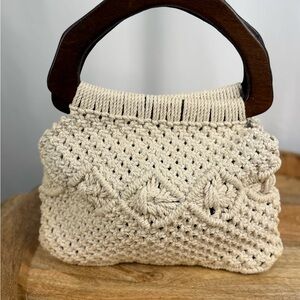 Vintage Boho Macrame Bag Wood Handle Crochet Purse 70s Coastal Cowgirl